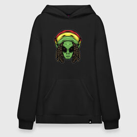 Худи SuperOversize хлопок с принтом Reggae alien в Ухте, 70% хлопок, 30% полиэстер, мягкий начес внутри | карман-кенгуру, эластичная резинка на манжетах и по нижней кромке, двухслойный капюшон
 | alien | волосы | инопланетянин | кепка | нло | пришелец | растаман | регги | хипстер | шляпа