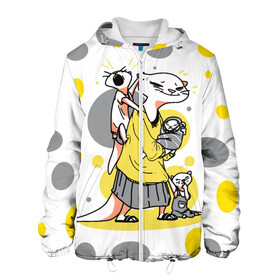 Мужская куртка 3D с принтом Мама выдра в Ухте, ткань верха — 100% полиэстер, подклад — флис | прямой крой, подол и капюшон оформлены резинкой с фиксаторами, два кармана без застежек по бокам, один большой потайной карман на груди. Карман на груди застегивается на липучку | Тематика изображения на принте: furry | выдра | дети | животные | мама | тройня | усталость | цвет года