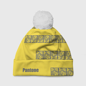 Шапка 3D c помпоном с принтом Узор Pantone 2021 в Ухте, 100% полиэстер | универсальный размер, печать по всей поверхности изделия | abstraction | colors of the year | illuminating | leaves | stripes | texture | ultimate grey | абстракция | листья | полосы | текстура | цвета года