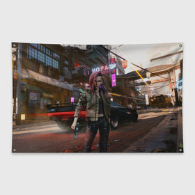 Флаг-баннер с принтом Cyberpunk 2077 в Ухте, 100% полиэстер | размер 67 х 109 см, плотность ткани — 95 г/м2; по краям флага есть четыре люверса для крепления | 2077 | action | cyberpunk | cyberpunk 2077 | rpg | игра | киберпанк | найт сити | рпг