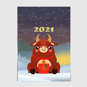 Постер Бык с подарками 2021: в Ухте, 100% бумага
 | бумага, плотность 150 мг. Матовая, но за счет высокого коэффициента гладкости имеет небольшой блеск и дает на свету блики, но в отличии от глянцевой бумаги не покрыта лаком | 2021 | 7 января | bull | newyear | santa | бык | быки | бычок | год быка | дед мороз | корова | новогодние каникулы | новогодние праздники | новый 2021 | новый год | новый год 2021 | рождество | сани | санта | санта клаус