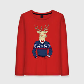 Женский лонгслив хлопок с принтом Hipster Deer в Ухте, 100% хлопок |  | 2021 | happy | new year | дед мороз | елка | клаус | нг | новый год | носок | олени | очки | подарок | полосы | рождество | с | санта | свитер | снег | снеговик | снежинка | узор | хипстер