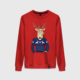 Женский свитшот хлопок с принтом Hipster Deer в Ухте, 100% хлопок | прямой крой, круглый вырез, на манжетах и по низу широкая трикотажная резинка  | 2021 | happy | new year | дед мороз | елка | клаус | нг | новый год | носок | олени | очки | подарок | полосы | рождество | с | санта | свитер | снег | снеговик | снежинка | узор | хипстер