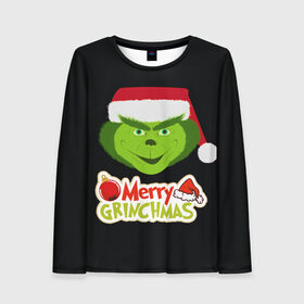 Женский лонгслив 3D с принтом Merry Grinchmas в Ухте, 100% полиэстер | длинные рукава, круглый вырез горловины, полуприлегающий силуэт | 2020 | 2021 | grinch | белая | год | гринч | елка | женская | зеленый | красная | мужская | мультфильм | надпись | нг | новый | подарок | полосы | праздник | рождества | свитер | сердце | смайл | фильм | шапка