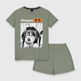Женская пижама с шортиками хлопок с принтом Ахегао наслаждение в Ухте, 100% хлопок | футболка прямого кроя, шорты свободные с широкой мягкой резинкой | ahegao | manga | ахегао | комиксы | лицо | манга | паттрен | чернобелый | эмоции