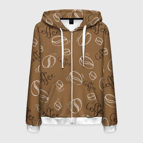 Мужская толстовка 3D на молнии с принтом Кофейный узор в Ухте, 100% полиэстер | длина до линии бедра, манжеты и пояс оформлены мягкой тканевой резинкой, двухслойный капюшон со шнурком для регулировки, спереди молния, по бокам два кармана | Тематика изображения на принте: белый | кофе | кофейный | надпись | паттерн | узор