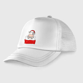 Детская кепка тракер с принтом Новогодний бык в мешке в Ухте, Козырек - 100% хлопок. Кепка - 100% полиэстер, Задняя часть - сетка | универсальный размер, пластиковая застёжка | 