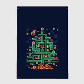 Постер с принтом NEW YEAR MARIO в Ухте, 100% бумага
 | бумага, плотность 150 мг. Матовая, но за счет высокого коэффициента гладкости имеет небольшой блеск и дает на свету блики, но в отличии от глянцевой бумаги не покрыта лаком | Тематика изображения на принте: 2021 | christmas | game | mario | new year | presents | winter | денди | елка | игры | марио | новый год | подарки | рождество | свитер