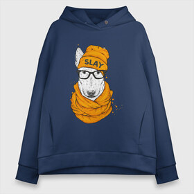 Женское худи Oversize хлопок с принтом Бультерьер в Ухте, френч-терри — 70% хлопок, 30% полиэстер. Мягкий теплый начес внутри —100% хлопок | боковые карманы, эластичные манжеты и нижняя кромка, капюшон на магнитной кнопке | slay | белая собака | бультерьер | пес | псина | собака | собака в шапке | собачка