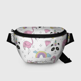 Поясная сумка 3D с принтом Кавайный розовый узор в Ухте, 100% полиэстер | плотная ткань, ремень с регулируемой длиной, внутри несколько карманов для мелочей, основное отделение и карман с обратной стороны сумки застегиваются на молнию | бриллиант | детский | кавайный | капкейк | панда | паттерн | радуга | розовый | узор | фламинго