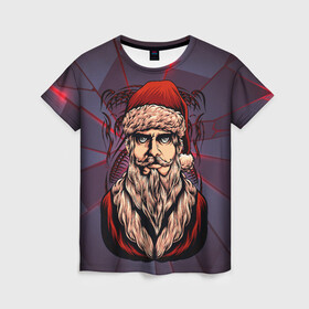 Женская футболка 3D с принтом Santa Bad в Ухте, 100% полиэфир ( синтетическое хлопкоподобное полотно) | прямой крой, круглый вырез горловины, длина до линии бедер | new year | арт | графика | дед мороз | зима | новый год | рождество | санта