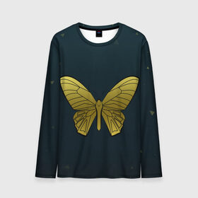 Мужской лонгслив 3D с принтом Butterfly в Ухте, 100% полиэстер | длинные рукава, круглый вырез горловины, полуприлегающий силуэт | Тематика изображения на принте: бабочка | геомеирический | золотой | темный фон