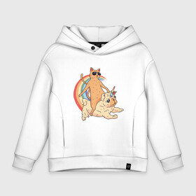 Детское худи Oversize хлопок с принтом Кот верхом на мопсе единороге в Ухте, френч-терри — 70% хлопок, 30% полиэстер. Мягкий теплый начес внутри —100% хлопок | боковые карманы, эластичные манжеты и нижняя кромка, капюшон на магнитной кнопке | cat | cool cat | cute | galaxy | pug | pugs | rainbow | space | stars | бульдог | бульдожка | галактика | звезды | космический | космос | кошка | крутой кот | милые | милый | мопс | мопсик | на радуге | очки | прикол | радуга