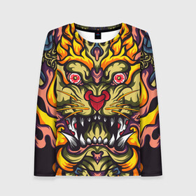 Женский лонгслив 3D с принтом Абстракция тигр в Ухте, 100% полиэстер | длинные рукава, круглый вырез горловины, полуприлегающий силуэт | абстракция | арт | глаза | голова | животные | клыки | монстр | огонь | орнамент | рисунок | тигр