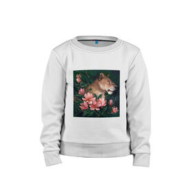 Детский свитшот хлопок с принтом Львица в Ухте, 100% хлопок | круглый вырез горловины, эластичные манжеты, пояс и воротник | животное | кошка | лев | львица | природа | растения | хищник | цветы