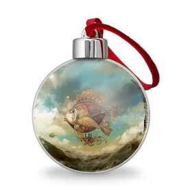 Ёлочный шар с принтом Рыба-дирижабль в Ухте, Пластик | Диаметр: 77 мм | Тематика изображения на принте: steampunk | биомеханика | воздушный шар | горы | дережабль | дирижабль | карась | коричневый | летательный  аппарат | медь | механика | парусник | пиранья | рыба | рыбка | сепия | стим | стимпанк