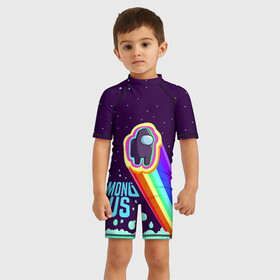 Детский купальный костюм 3D с принтом AMONG US neon rainbow в Ухте, Полиэстер 85%, Спандекс 15% | застежка на молнии на спине | детский | космос | неоновый | радуга | стильная | тренд | яркий