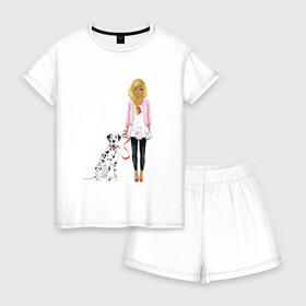 Женская пижама с шортиками хлопок с принтом Девушка с собакой в Ухте, 100% хлопок | футболка прямого кроя, шорты свободные с широкой мягкой резинкой | далматинец | любовь | собакен