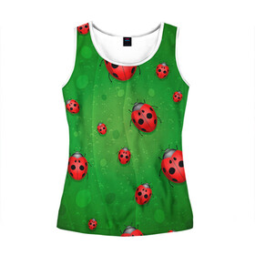 Женская майка 3D с принтом БОЖЬИ КОРОВКИ в Ухте, 100% полиэстер | круглая горловина, прямой силуэт, длина до линии бедра | tegunvteg | божьи | букашки | деревья | зеленый | коровки | лес | листья | насекомые | природа | пятна | тараканы