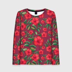 Женский лонгслив 3D с принтом Гибискусы на вишневом фоне в Ухте, 100% полиэстер | длинные рукава, круглый вырез горловины, полуприлегающий силуэт | 8 марта | flowers | summer | ботаническая иллюстрация | весна | вишневый | гибискус | зеленый | красный | лето | любовь | праздник | принт | природа | растения | цветы