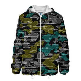 Мужская куртка 3D с принтом Futuristic Camo в Ухте, ткань верха — 100% полиэстер, подклад — флис | прямой крой, подол и капюшон оформлены резинкой с фиксаторами, два кармана без застежек по бокам, один большой потайной карман на груди. Карман на груди застегивается на липучку | cyberpunk | glitch | глитч | камуфляж | киберпанк | футуристичный