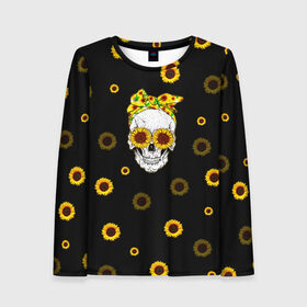 Женский лонгслив 3D с принтом Череп и подсолнухи в Ухте, 100% полиэстер | длинные рукава, круглый вырез горловины, полуприлегающий силуэт | глаза | металл | подсолнух | подсолнухи | прикол | с черепами | с черепом | скелет | солнце | череп | черепа | черепок | эмо