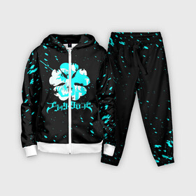 Детский костюм 3D с принтом Логотип черный клевер с голубыми брызгами в Ухте,  |  | anime | black clover | аниме | боевик | буракку куро:ба | кино | комедия | магия | мультфильм | фэнтези | черн
ый клевер | японская сёнэн манга