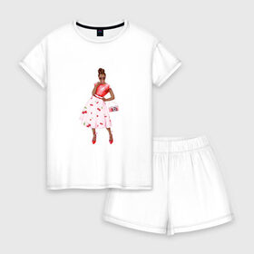 Женская пижама с шортиками хлопок Кокетка: в Ухте, 100% хлопок | футболка прямого кроя, шорты свободные с широкой мягкой резинкой | вишенки | девушка | игривость | лето | платье