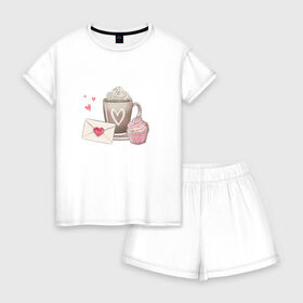 Женская пижама с шортиками хлопок с принтом И что бы это значило? в Ухте, 100% хлопок | футболка прямого кроя, шорты свободные с широкой мягкой резинкой | еда | записка | капкейк