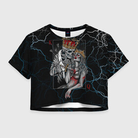 Женская футболка Crop-top 3D с принтом The Skull King and Queen в Ухте, 100% полиэстер | круглая горловина, длина футболки до линии талии, рукава с отворотами | art | gold skull | queen | skull king | the skull king and queen | арт | буби | дама | золотой череп | игральные карты | игроку | карты | кинжал | король | король и дама | король и королева | крести | любовь | он и она | пики | покер
