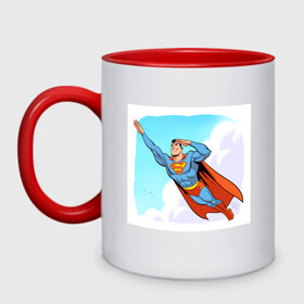 Кружка двухцветная с принтом SuperMan DC в Ухте, керамика | объем — 330 мл, диаметр — 80 мм. Цветная ручка и кайма сверху, в некоторых цветах — вся внутренняя часть | Тематика изображения на принте: comics | dc | superman | комиксы | супермен