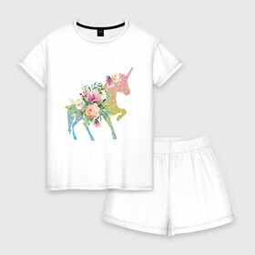 Женская пижама с шортиками хлопок с принтом Единорог в Ухте, 100% хлопок | футболка прямого кроя, шорты свободные с широкой мягкой резинкой | fantasy | сказки | сказочные существа | цветы