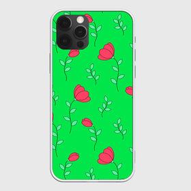 Чехол для iPhone 12 Pro Max с принтом Тюльпаны на салатовом фоне в Ухте, Силикон |  | Тематика изображения на принте: 8 марта | flowers | summer | ботаническая иллюстрация | весна | зеленый | красный | лето | листья | любовь | праздник | принт | природа | растения | салатовый | тюльпаны | цветы
