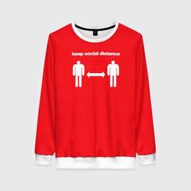 Женский свитшот 3D с принтом Соблюдай дистанцию в Ухте, 100% полиэстер с мягким внутренним слоем | круглый вырез горловины, мягкая резинка на манжетах и поясе, свободная посадка по фигуре | антикоронавирус | знаки | ковид | коронавирус | красный с белым | соблюдай дистанцию