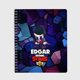Тетрадь с принтом BRAWL STARS EDGAR в Ухте, 100% бумага | 48 листов, плотность листов — 60 г/м2, плотность картонной обложки — 250 г/м2. Листы скреплены сбоку удобной пружинной спиралью. Уголки страниц и обложки скругленные. Цвет линий — светло-серый
 | 8 bit | brawl stars | byron | colette | crow | edgar | gale | leon | max | mr.p | sally leon | shark | virus 8 bit | werewolf leon | акула | байрон | берли | бравл старс | ворон | коллет | макс | оборотень | эдгар