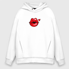 Мужское худи Oversize хлопок с принтом Поцелуй в Ухте, френч-терри — 70% хлопок, 30% полиэстер. Мягкий теплый начес внутри —100% хлопок | боковые карманы, эластичные манжеты и нижняя кромка, капюшон на магнитной кнопке | Тематика изображения на принте: 14 февраля | губы | день святого валентина | красный | любовь | минимализм | помада | поцелуй | сердце
