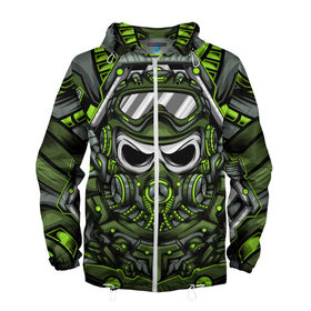 Мужская ветровка 3D с принтом Undead Soldier в Ухте, 100% полиэстер | подол и капюшон оформлены резинкой с фиксаторами, два кармана без застежек по бокам, один потайной карман на груди | art | cyber | gas | head | mask | mechanical | robot | арт | голова | кибер | механический | монстр | противогаз | робот