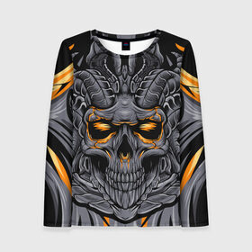 Женский лонгслив 3D с принтом Череп дьявола в Ухте, 100% полиэстер | длинные рукава, круглый вырез горловины, полуприлегающий силуэт | devil | evil | rage | skull | абстракция | арт | гнев | голова | демон | дьявол | злой | монстр | орнамент | рисунок | рога | череп