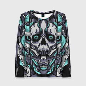 Женский лонгслив 3D с принтом Cyber Demon в Ухте, 100% полиэстер | длинные рукава, круглый вырез горловины, полуприлегающий силуэт | abstraction | demon | head | monster | skull | абстракция | арт | голова | демон | зубы | монстр | орнамент | рисунок | череп