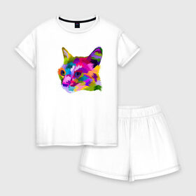Женская пижама с шортиками хлопок с принтом Pop Cat в Ухте, 100% хлопок | футболка прямого кроя, шорты свободные с широкой мягкой резинкой | art | cat | colorful | mem | meme | memes | music | pop | rainbow | retro | style | арт | буп | кот | котенок | котик | котэ | краски | красочный | мем | мемы | музыка | ретро