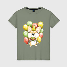 Женская футболка хлопок с принтом Милый корги с тортиком в Ухте, 100% хлопок | прямой крой, круглый вырез горловины, длина до линии бедер, слегка спущенное плечо | день рождения | желтый | зеленый | корги | малыш | ребенок | торт | шарики