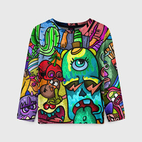 Детский лонгслив 3D с принтом Дудл2 в Ухте, 100% полиэстер | длинные рукава, круглый вырез горловины, полуприлегающий силуэт
 | вишни | динозавры | дудл | инопланетянин | космос | монстры | существа | тираннозавр