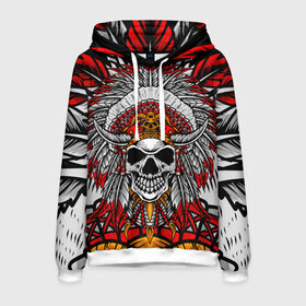 Мужская толстовка 3D с принтом Indian skull head в Ухте, 100% полиэстер | двухслойный капюшон со шнурком для регулировки, мягкие манжеты на рукавах и по низу толстовки, спереди карман-кенгуру с мягким внутренним слоем. | head | indian | skull | абстракция | арт | голова | индеец | орнамент | перья | рисунок | череп