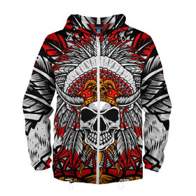 Мужская ветровка 3D с принтом Indian skull head в Ухте, 100% полиэстер | подол и капюшон оформлены резинкой с фиксаторами, два кармана без застежек по бокам, один потайной карман на груди | head | indian | skull | абстракция | арт | голова | индеец | орнамент | перья | рисунок | череп