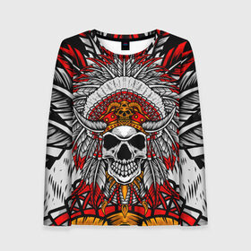 Женский лонгслив 3D с принтом Indian skull head в Ухте, 100% полиэстер | длинные рукава, круглый вырез горловины, полуприлегающий силуэт | head | indian | skull | абстракция | арт | голова | индеец | орнамент | перья | рисунок | череп