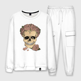 Мужской костюм хлопок с принтом Skull Roses в Ухте, 100% хлопок | на свитшоте круглая горловина, мягкая резинка по низу. Брюки заужены к низу, на них два вида карманов: два “обычных” по бокам и два объемных, с клапанами, расположенные ниже линии бедра. Брюки с мягкой трикотажной резинкой на поясе и по низу штанин. В поясе для дополнительного комфорта — широкие завязки | Тематика изображения на принте: art | body | bones | dead | drawing | face | graffiti | head | roses | skeleton | skul | skull | ад | арт | голова | граффити | зло | кости | лицо | металл | нарисованный | розы | рок | скелет | скул | скулл | три черепа | тьма
