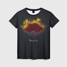 Женская футболка 3D с принтом Light your fire в Ухте, 100% полиэфир ( синтетическое хлопкоподобное полотно) | прямой крой, круглый вырез горловины, длина до линии бедер | веер | желтый | зажги свой огонь | огонь | темный фон