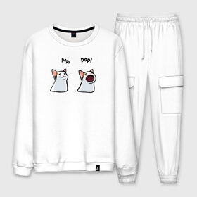 Мужской костюм хлопок с принтом Pop Cat в Ухте, 100% хлопок | на свитшоте круглая горловина, мягкая резинка по низу. Брюки заужены к низу, на них два вида карманов: два “обычных” по бокам и два объемных, с клапанами, расположенные ниже линии бедра. Брюки с мягкой трикотажной резинкой на поясе и по низу штанин. В поясе для дополнительного комфорта — широкие завязки | cat meme | mem | meme | pop cat | pop pop | буб буб | буп буп | бупоющий кот | двач | кот | кот мем | мем | мемы | пикабу | пикабу мем | поп кет | поп кот | раздражающий кот