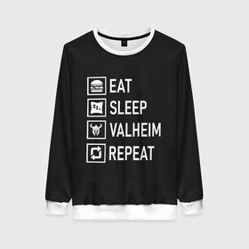 Женский свитшот 3D с принтом Eat Sleep Valheim Repeat в Ухте, 100% полиэстер с мягким внутренним слоем | круглый вырез горловины, мягкая резинка на манжетах и поясе, свободная посадка по фигуре | elder | loki | odin | the | thor | valheim | биврёст | валхейм | вальхейм | викинги | все | дракар | древний | древо | ётун | йотун | локи | мира | один | отец | тор | фенир | хель | черный лес | эйктюр