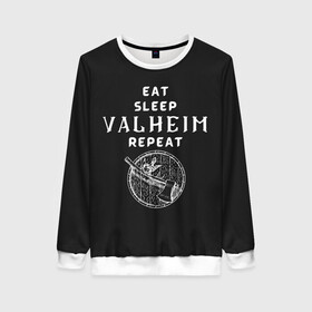Женский свитшот 3D с принтом Eat Sleep Valheim Repeat в Ухте, 100% полиэстер с мягким внутренним слоем | круглый вырез горловины, мягкая резинка на манжетах и поясе, свободная посадка по фигуре | elder | loki | odin | the | thor | valheim | биврёст | валхейм | вальхейм | викинги | всеотец | дракар | древний | древо | ётун | йотун | локи | мира | один | тор | фенир | хель | черный лес | эйктюр